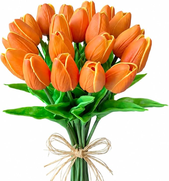 Mandy's 20pcs Artificial Orange Tulips | 13.5 Inch Lifelike PU Tulips Faux by Mandys