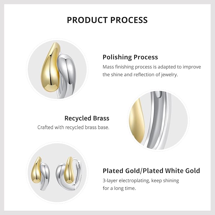 WOSTU 14K Gold Plated Two-Tone Oval Hoop Earrings for Women, Water Drop Design Lightweight Huggie Earrings,925 Sterling Silver Posts Double Drop Chunky Hoops Hypoallergenic Ear Buckles