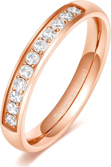 TIGRADE 3.5mm Engagement Ring Half Cubic Zirconia Stainless Steel Eternity Wedding Band for Women Size 3-12.5