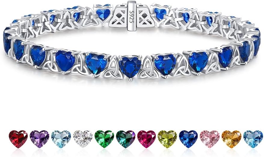 Birthstone Tennis Bracelets for Women, 925 Sterling Silver Heart Shaped Celtic Trinity Knot, 7 Inch Charm Trendy Hypoallergenic Anniversary Birthday Gifts for Her