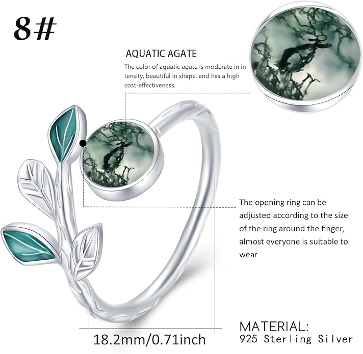 CUOKA MIRACLE Leaf Moss Agate Ring S925 Sterling Silver Moss Agate Rings For Women Engagement Adjustable Rings Leaf Moss Agate's Jewelry Gifts For Women Mother's Day Jewelry Gifts