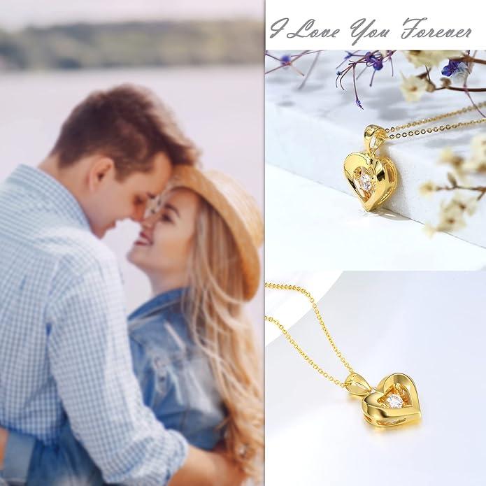 Real 18k Gold Heart Necklace for Women, Fine Cubic Zirconia Love Jewelry Gifts for Her (18kt Gold Chain 16+2 inch)
