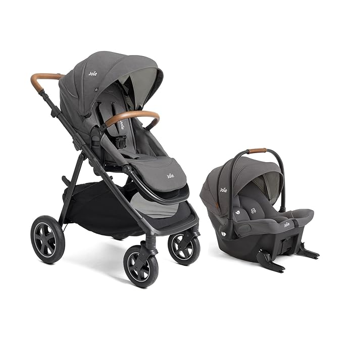 Joie Hazel Height Adjustable Stroller – Travel-Friendly Stroller with Height Adjustable Seat, Multi-Position Recline + Joie Mint Latch Base-Free Infant Car Seat – Travel System (Thunder)