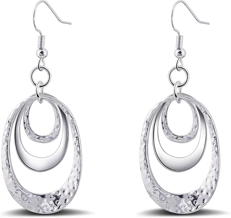 Boho Three Oval Drop Dangle Earrings Silver Earrings for Women Trendy Two Tone Bohemian Jewelry for Thanksgiving and Christmas Gifts