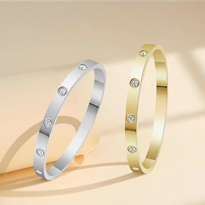 2Pcs 18K Gold-Plated Love Bangle Bracelets set for Women, Stainless Steel Cubic Zirconia Bangle Crystal Friendship Jewelry, Easter Wedding Birthday Gifts for Girlfriend, Wife, Monther
