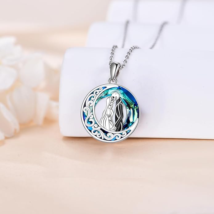 LILALO Nightmare Necklace Sterling Silver Abalone Shell Crystal Jack and Sally Necklace Jack Skellington Skull Jewelry Skull Necklaces for Women