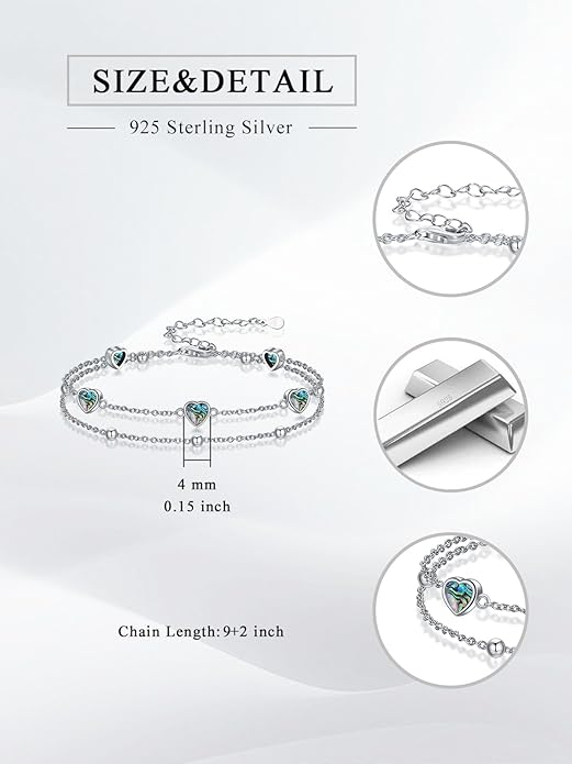 Birthstone Anklet/Bracelets for Women 925 Sterling Silver Charm Link Double Strand Heart Birthstone Jewelry Gift for Wife Women Mother's Day Gift