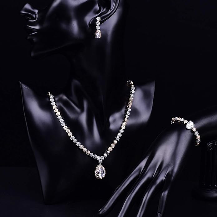 Hadskiss Jewelry Set for Women, Necklace Dangle Earrings Bracelet Set with White AAA Cubic Zirconia, Allergy Free Wedding Party Jewelry for Bridal Bridesmaid