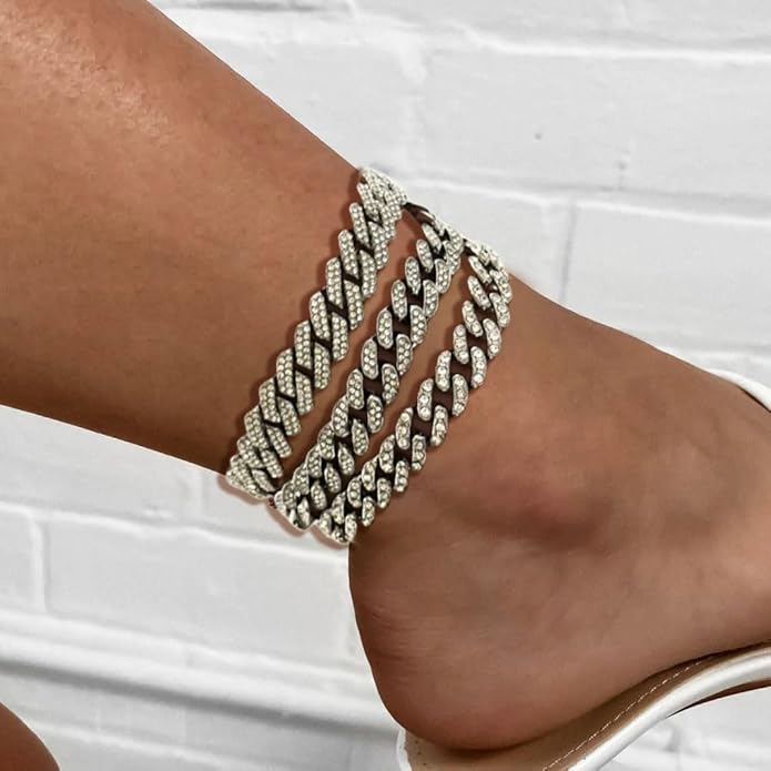 14K Gold Plated Ankle Bracelets for Women Cuban Link Anklets Plus Size Silver Ankle Bracelet Layered Link Anklet Set Rhinestone Bling Anklets Silver Jewelry for Women Gift Set