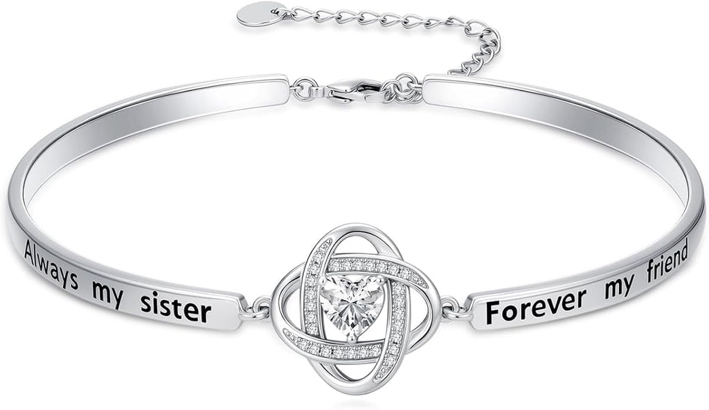 Valentines Day Gifts for Her, 18k White Gold Plated Love Knot Bracelets, Engraved Inspirational and Sentiment Bangle, Anniversary Birthday Jewelry Gift for Lover Wife Girlfriend Sister Friends