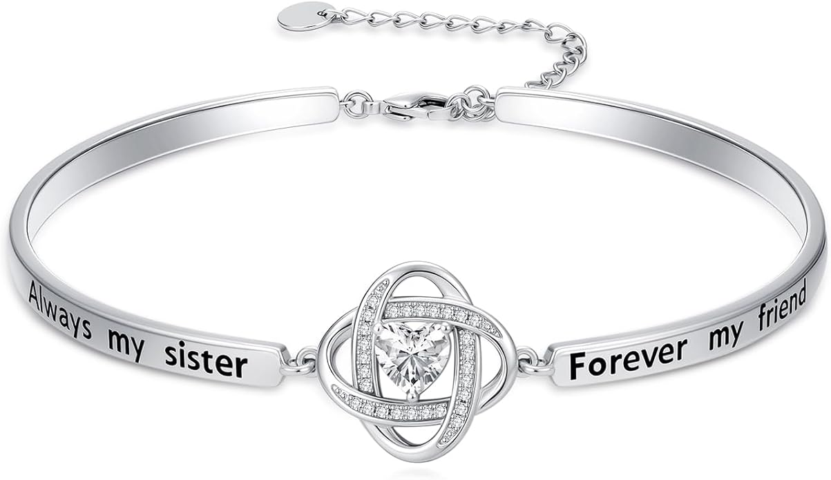 Valentines Day Gifts for Her, 18k White Gold Plated Love Knot Bracelets, Engraved Inspirational and Sentiment Bangle, Anniversary Birthday Jewelry Gift for Lover Wife Girlfriend Sister Friends
