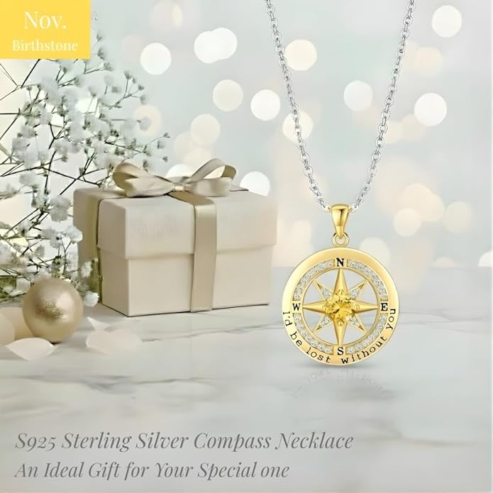 Compass Necklace for Women Wife Girlfriend Mom Daughter Gifts S925 Sterling Silver Jewelry For Anniversary Rose Gold Gifts For Birthday Christmas Mothers Valentines Day 12 Birthstones
