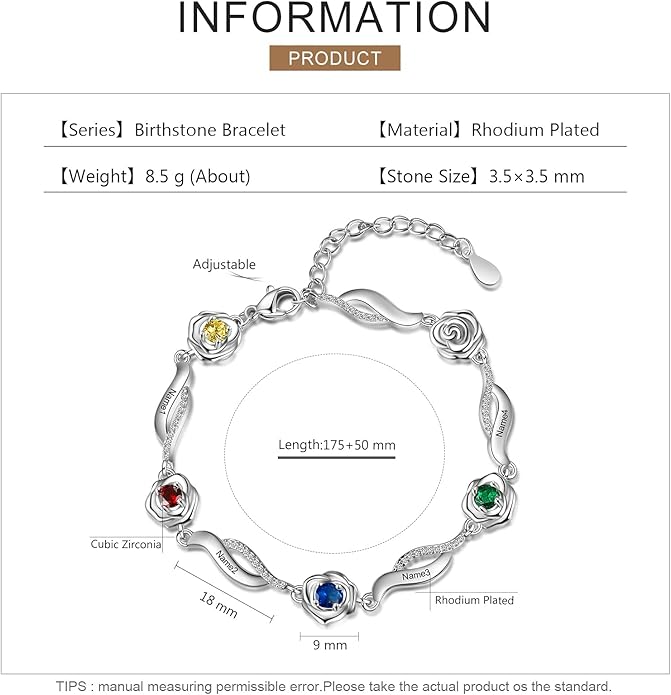 Personalized Simulated Birthstone Bracelets Adjustable Rose Flower Chain Charm Bracelet with 1-5 Name Initial Engraved for Women Mom Christmas Gifts