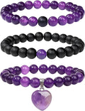 Healing Crystal Beaded Bracelets for Women,Natural Amethyst Gemstones Bracelet,Anxiety Stress Relief Heart Charm Bracelet Handmade purple Jewelry Gifts for Women