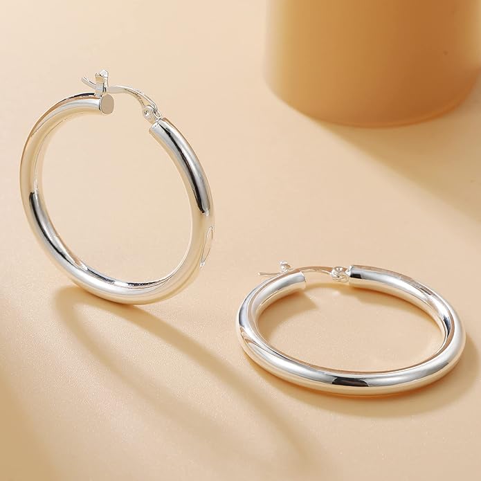 4mm Thick Gold Chunky Earrings Steling Silver Post Hoops Earrings For Women Hollow Tube Hoops Earrings Thick Gold Hoop Earrings Hypoallergenic Lightweight Gold Hoop Large Earrings 20/30/40/50/60MM