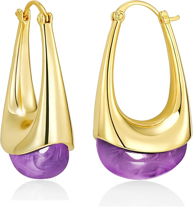 Long Oval Chunky Dangle 18K gold plated Hoops with Colored Resin Gemstone Statement Earrings for Women by SNGIA, (Green, Brown, Blue, Pink, White, Cream), Bold Drop Handmade Exaggerated Irregular Trendy Bohemian Jewelry Gifts, Unique Dangling Teardrop ...
