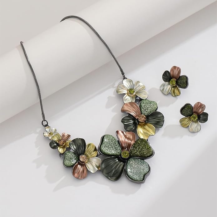 Chunky Statement Jewelry Set Vintage Retro Leaf Flower Floral Geometric Bohemian Boho Bib Necklace Earring Set Fashion Costume Jewelry for Women Girls Wedding Party Prom Unique Gift