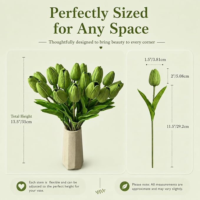Mandy's 20pcs Artificial Green Tulips | 13.5 Inch Lifelike PU Tulips Faux - Image 3