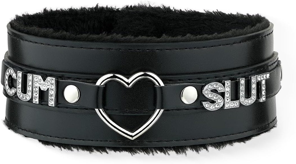 Pink Furry Heart O-ring Leather Choker Collar For Women, Handmade Punk Gothic Letter Necklace Adjustable Fashion Jewelry