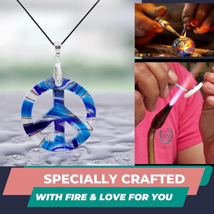 BESHEEK Murano Inspired Peace Sign Blown Glass Lampwork Art Pendant Necklace for Women Handcrafted Artisan Hypoallergenic Italian Style Jewelry
