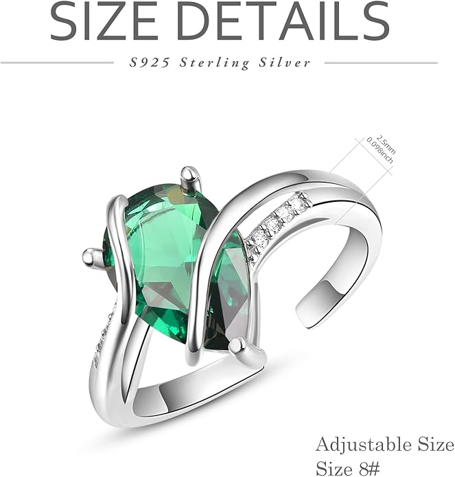 KINGWHYTE Adjustable Rings for Women Teardrop Pear Ring 925 Sterling Silver 0.85ct Teardrop Cubic Zirconia Open AdjustableThumb Ring for Women