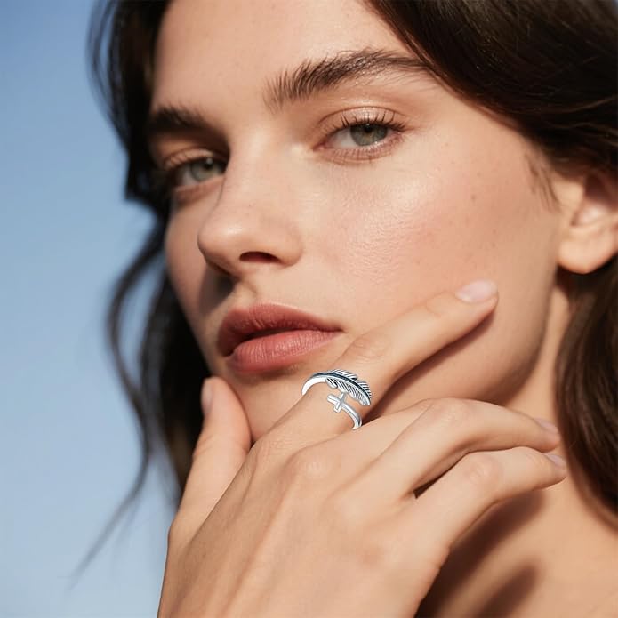 Turquoise/Moss Agate/Moonstone/Black Onyx/Lapis Lazuli/Labradorite/Tiger Eye Feather Ring 925 Sterling Silver Adjustable Ring Western Thumb Rings Vintage Jewelry Gifts for Women