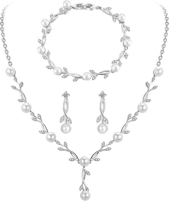 Hadskiss Jewelry Set for Women, Necklace Dangle Earrings Bracelet Set with White AAA Cubic Zirconia, Allergy Free Wedding Party Jewelry for Bridal Bridesmaid