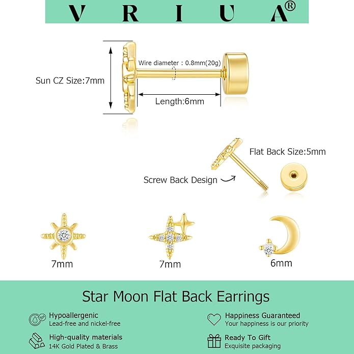 VRIUA 20G Tiny Flat Back Earrings for Women - 14K Gold/Silver Plated Small Flat Back Stud Earrings Hypoallergenic Cartilage Helix Piercing Jewelry