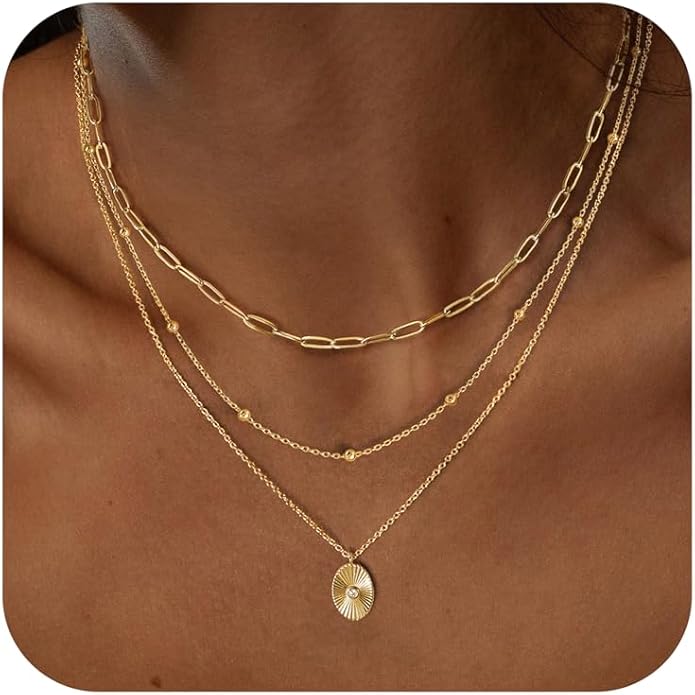Layered Necklaces for Women,Dainty 14k Gold Plated CZ Layered Choker Necklace for Women Trendy Non Tarnish Hypoallergenic Beaded Paperclip Chain Necklace Stack Women's Minimalist Gold Jewelry Gifts