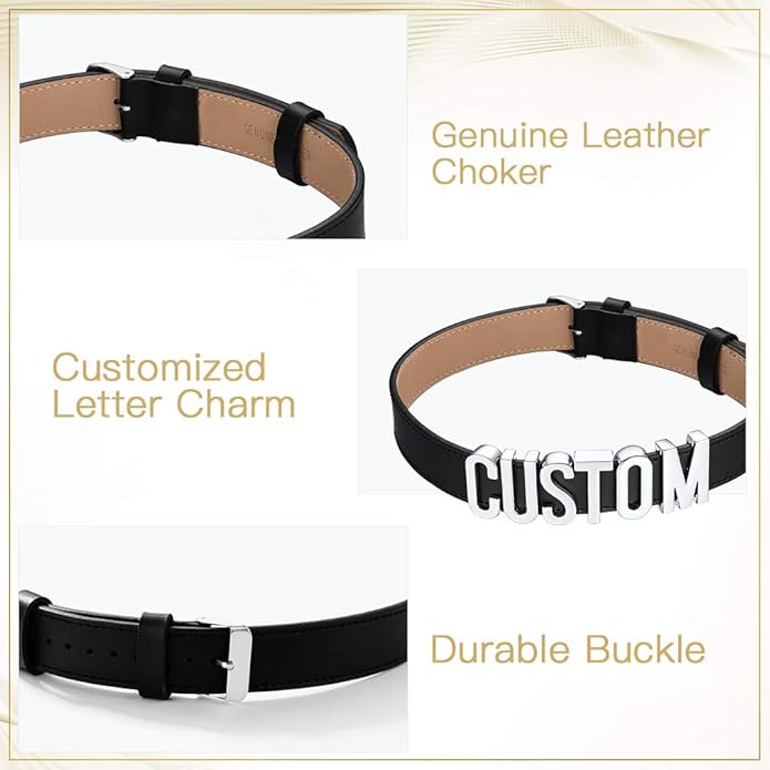 Custom4U Personalized Black Leather Choker Necklace with Picture/Name/Initials/Letters Charm,Custom Made Adjustable Choker Collar Gothic Punk Necklaces Jewelry Gifts for Women