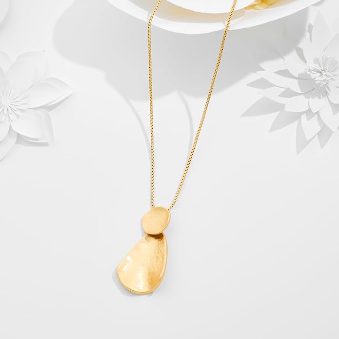 YUJIE Hammered Geometric Necklace Gold Plated Round & Teardrop Pendant Adjustable Chain Chic Elegant Jewelry