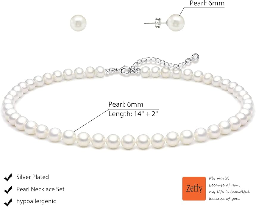 Zeffy Pearl Necklace 4MM/6MM/8MM Dainty Round Imitation Pearl Choker Necklace Wedding Pearl Necklace Delicate Jewelry for Women Simple Bridesmaid Jewelry Gifts