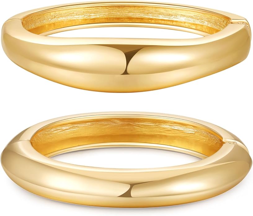 2pcs Gold Bangle Bracelets for Women, Trendy Hinged Cuff Open Wide Chunky Gold Bracelet Stack Arm Cuff Jewelry for Women