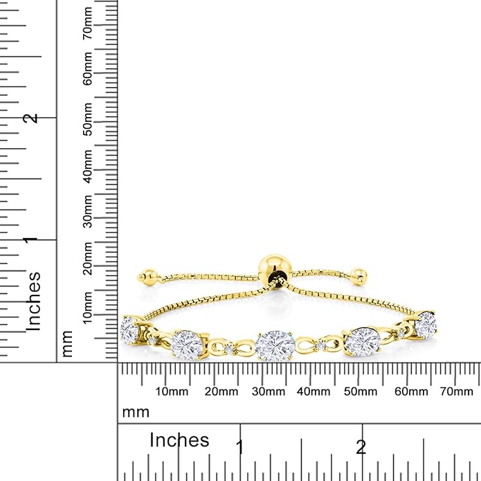 Gem Stone King 7X5MM Oval Cut Gemstone Birthstone and Accent Lab Grown Diamond Tennis Bracelet For Women In 18K Yellow Gold Plated Silver | Adjustable Bolo Bracelet For Women | Easy-On Easy-Off