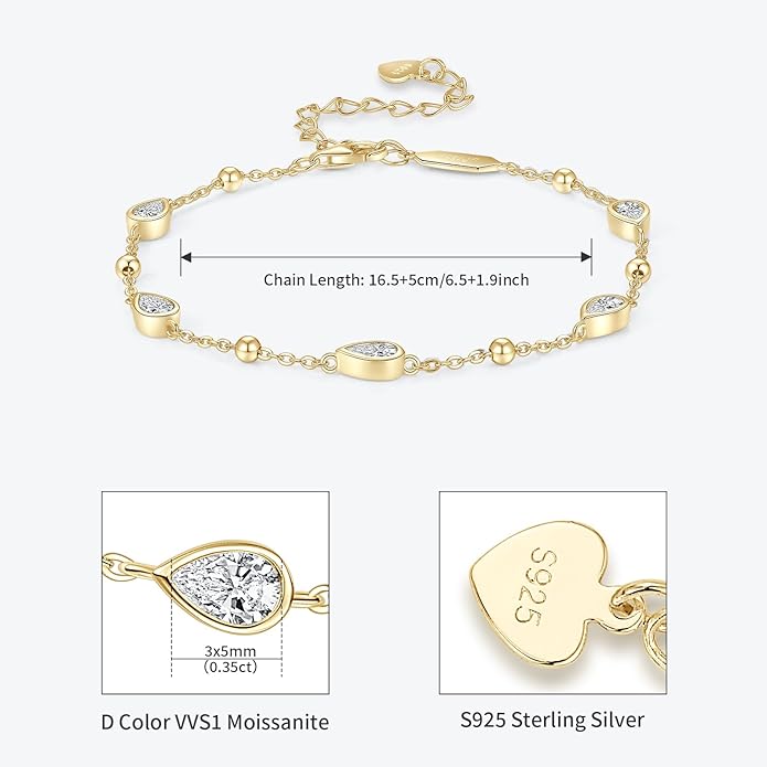 Pear Moissanite Link Bracelet, 1.75cttw D Color VVS1 925 Sterling Silver Adjustable 5-Stone Pear Bracelets for Women Mom Wife Birthday Jewelry Gifts