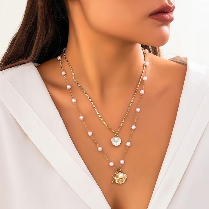 Shell Starfish Necklace for Women, 14k Gold Plated Boho Layered Beaded Charm Pendant Necklace, Dainty Adjustable Pearl Conch Summer Beach Vacation Jewelry Gifts