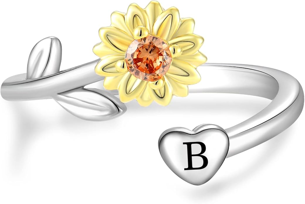 STARCHENIE Sunflower Initial Ring for Women 925 Sterling Silver Letters A-Z 26 Alphabet Adjustable Ring Size 7
