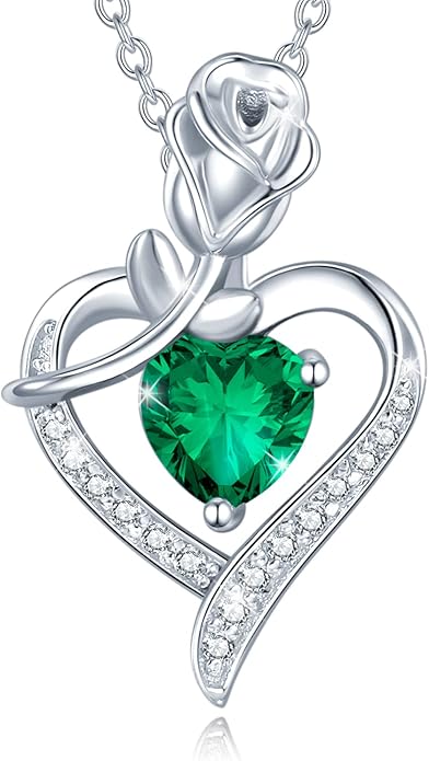 AGVANA Valentines Day Gifts Rosy Reverie Birthstone Necklace for Women Sterling Silver Genuine or Created Gemstone Rose Flower Heart Pendant Necklace Anniversary Birthday Gifts for Women Mom Wife Her