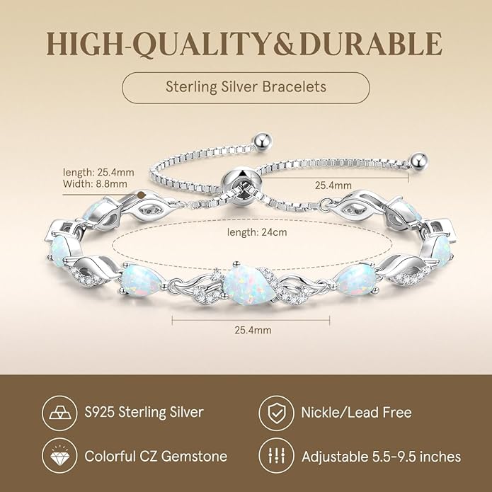 FANCIME Birthstone Teardrop Tennis Bracelet for Women, Sterling Silver 9x7mm main Gemstone Bolo Adjustable Chain Bracelet Fine Jewelry Birthday Gifts for Women Mom Wife Her