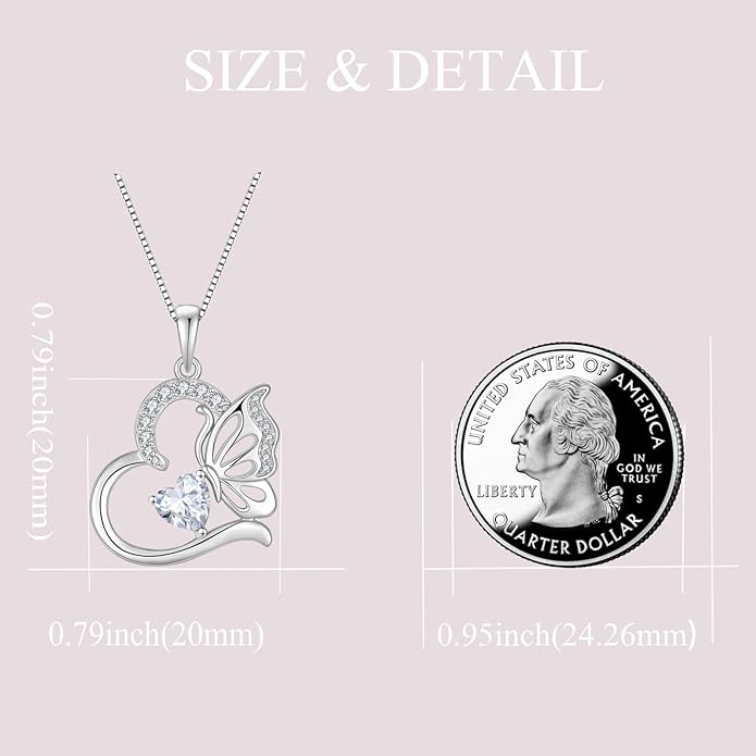 Butterfly Necklace for Women 925 Sterling Silver Heart Pendant Birthstones Jewelry Gift