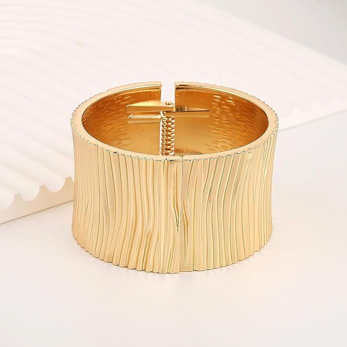 HZMAN 18K Gold Plated Wide Cuff Bracelet for Women - Premium Alloy Shiny Polished Double Layer Statement Bangle, Trendy Daily Wear Party Jewelry Accessory