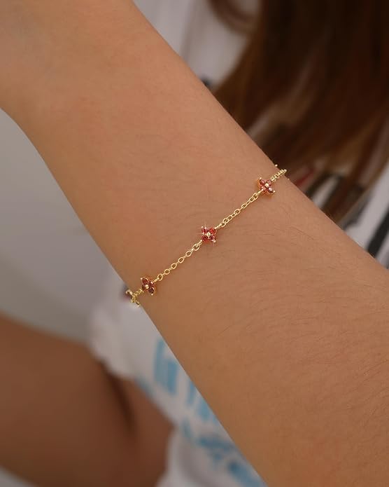 JSJOY Birthstone Bracelets for Women, 14K Gold Bracelets for Women Mom Gifts Birthday Valentines Day Gifts for Gf Dainty Flower Gift for Her Birthstone Bracelet Mothers Day Gift