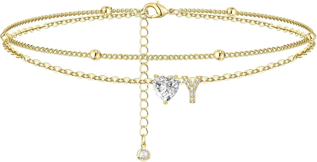 Ankle Bracelets for Women Waterproof 14K Gold Plated CZ Initial Anklet for Women Dainty Layered Letter Heart Ankle Bracelets Handmade Adjustable Foot Chain Anklet Summer Beach Jewelry