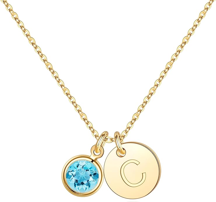 Hidepoo Initial Birthstone Necklace for Girl Women - 14K Gold Plated Disc Letter Necklace Personalized Gifts Jewelry Birthstone Initial Necklaces Birthday Gift for Female Teens Mom