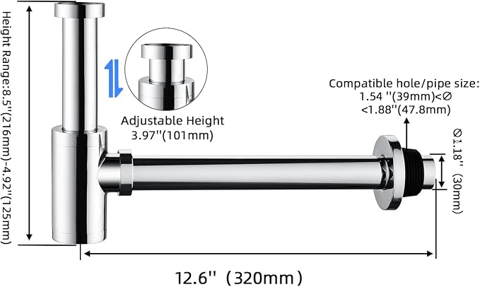 Bathroom Brass Contemporary Round Bottle P Trap 1-1/4, Lavatory Adjustable - Image 3