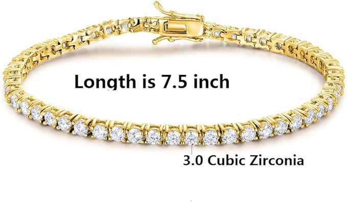 Gemsme 18K Gold Plated 3.0 Cubic Zirconia Classic Tennis Bracelet for Women and Men 7.5 Inch