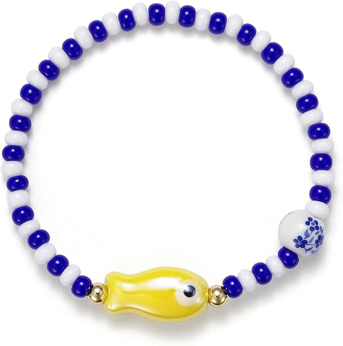 Agromusk Cute Fish Bracelet,14K Gold Blue and White Beaded Bracelet,Natural Stone Summer Beach Bead Bracelet for Women,Handmade Vintage Stretch Bracelet Gifts