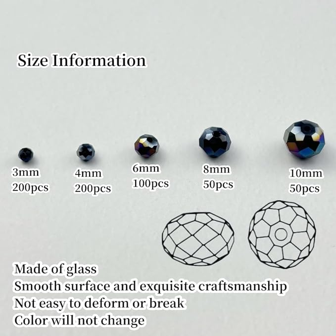 600pcs Crystal Glass Beads 3mm 4mm 6mm 8mm 10mm Rondelle Faceted Crystal Beads Spacer Beads for Necklace Bracelet Earrings DIY Jewelry Crafts Making Supplies(Black AB)