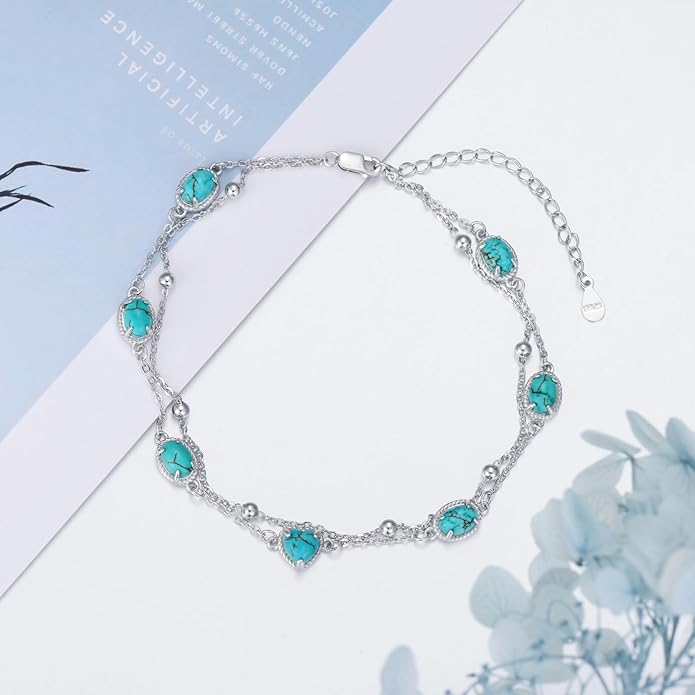 Gemstone Anklet for Women 925 Sterling Silver Gemstone Adjustable Layered Foot Bracelet Jewelry Gifts for Mother Wife