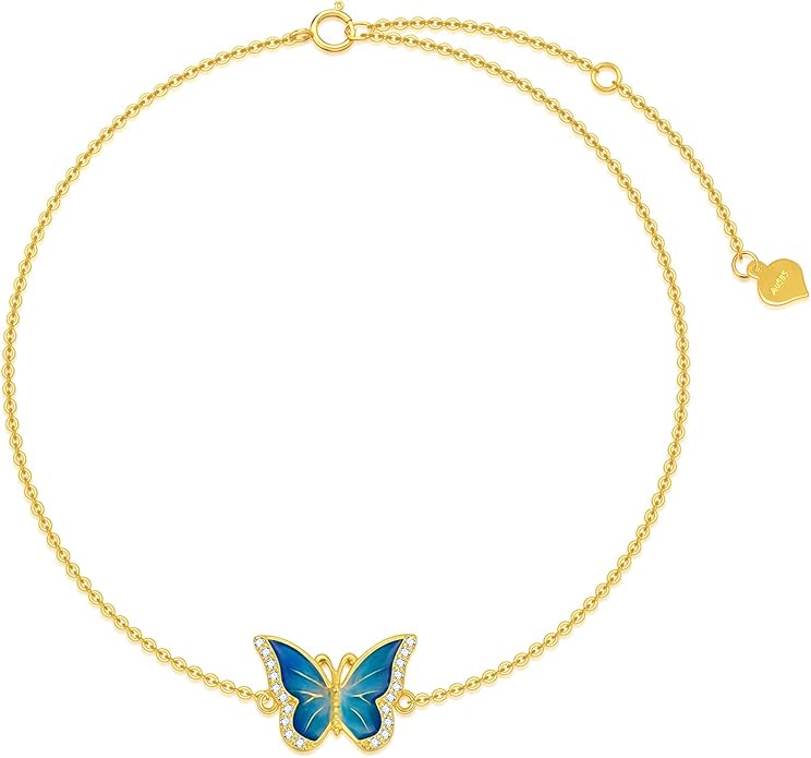 SISGEM 14k Gold Diamond Blue Butterfly Anklet for Women, 14 Karat Gold Ankle Bracelet Jewelry Gifts for Her (0.12 ct, 9.4-11 Inch)